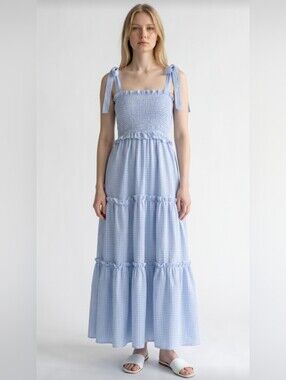 NWT! FLOERNS! BLUE, WHITE GINGHAM CHECKS, SEERSUCKER RUFFLED MAXI DRESS! SZ M